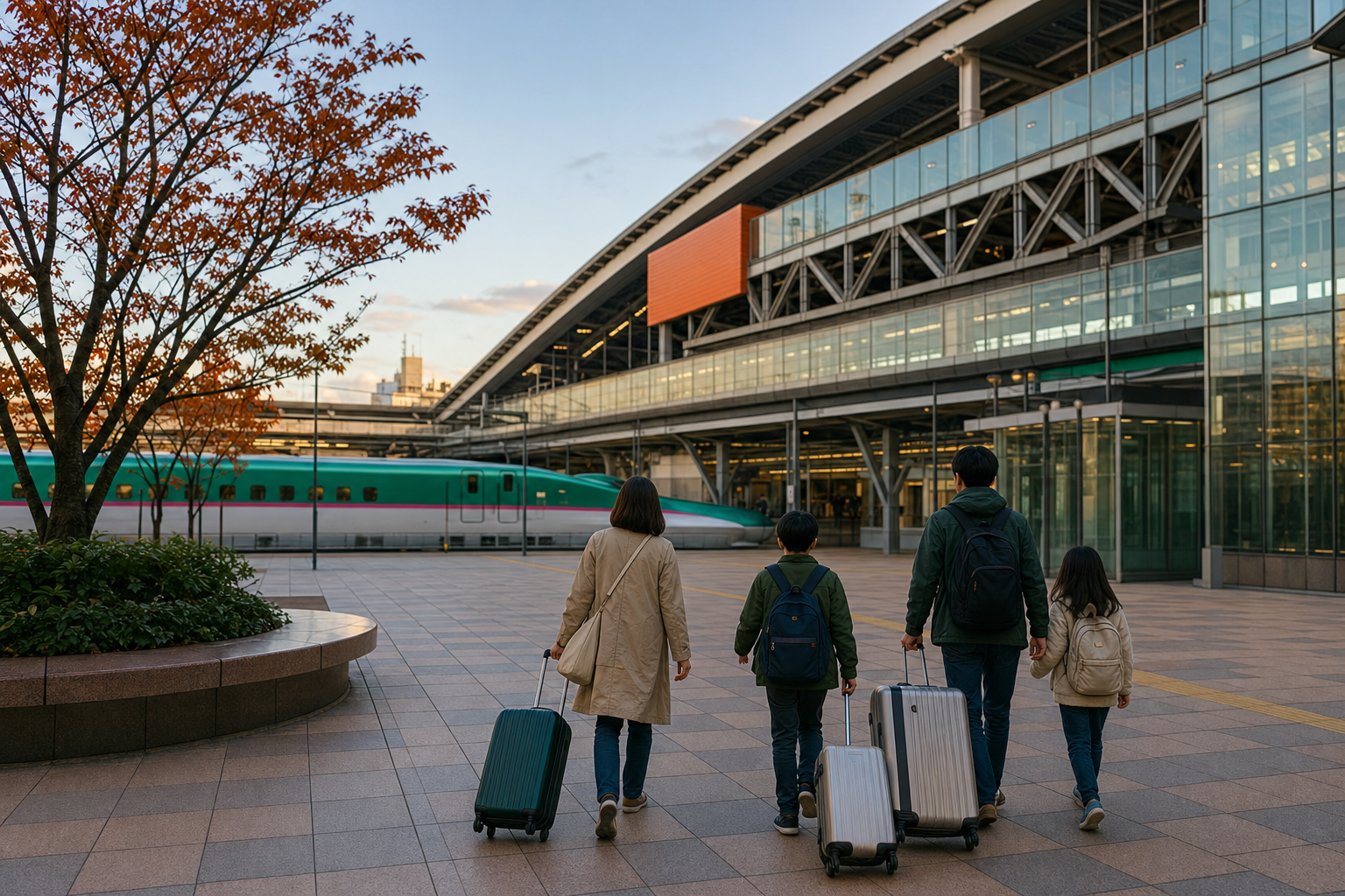 仙台車站前東北新幹線與一家人拖著行李